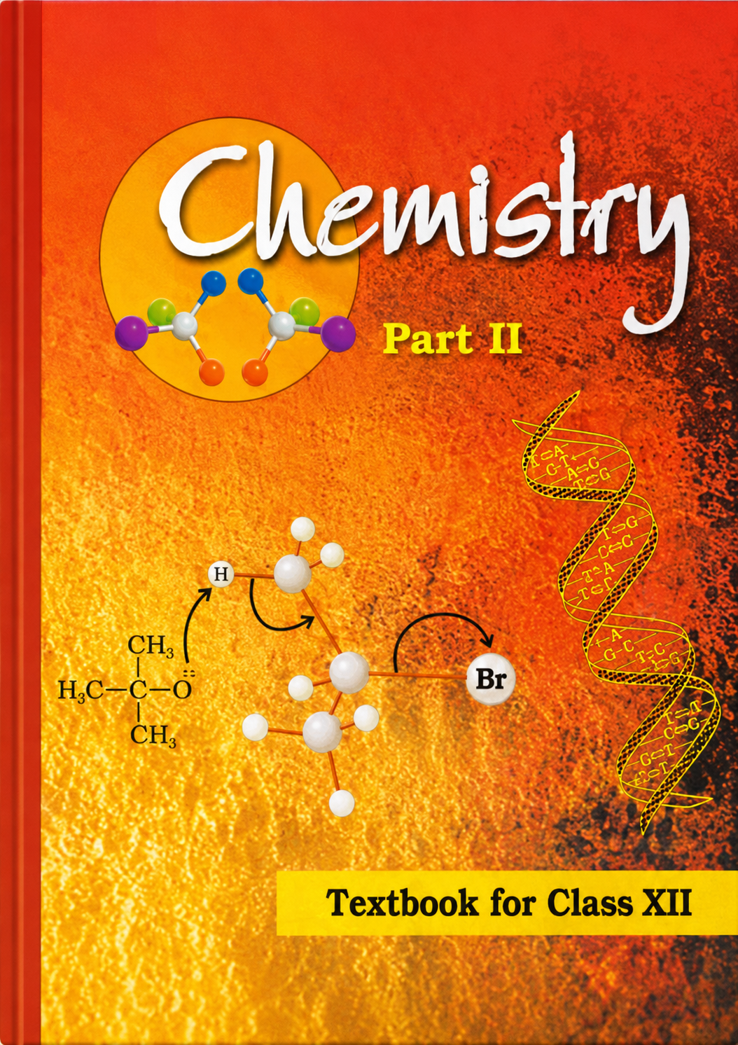 Textbook for Class XII Chemistry Part II with molecular models and chemical equations on an orange background