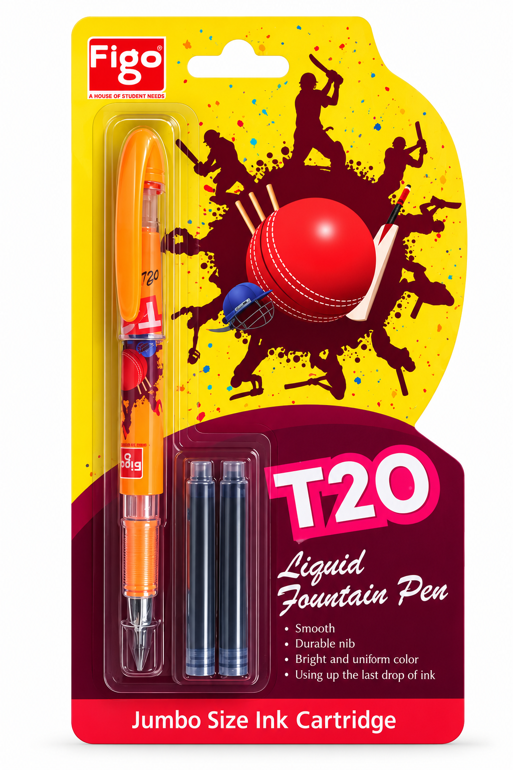 Figo T20 Liquid Fountain Pen jumbo size ink cartridge in its original retail blister packaging. The pen is orange with a cricket player graphic, accompanied by two blue ink cartridges, set against a bright yellow and red card backing with cricket-themed illustrations.