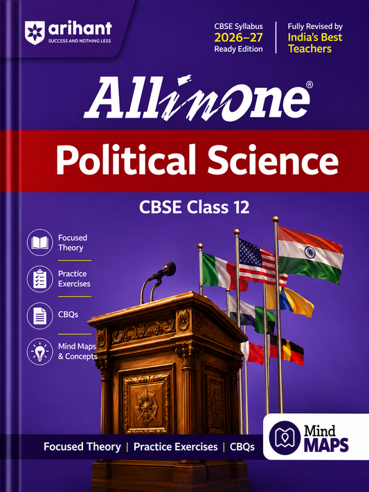 Book titled 'All in One Political Science CBSE Class 12' by Arihant with a podium and flags on the cover.