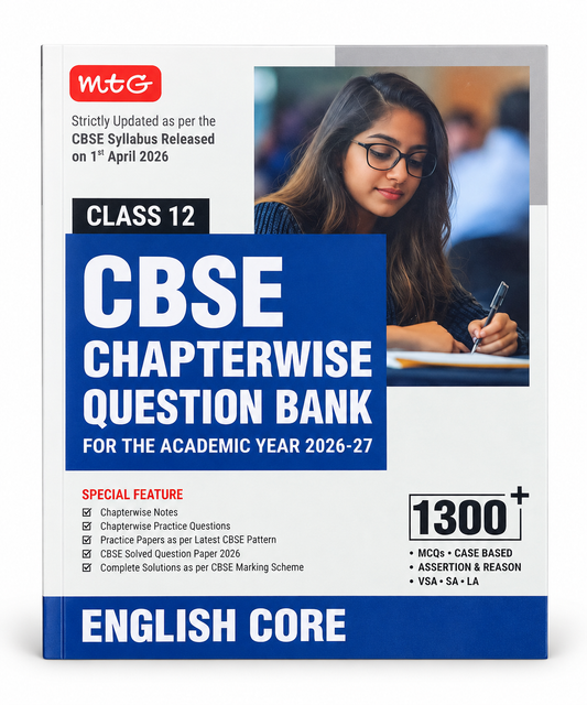 A book cover for 'CBSE Chapterwise Question Bank for the Academic Year 2026-27' in English Core, Class 12, featuring a white and blue design with a photo of a girl wearing glasses writing. The MTG logo is visible in the top left corner.