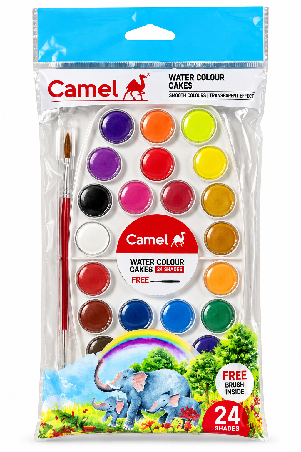 Camel brand water colour cakes set in a clear plastic hanging pouch with a blue header, containing 24 watercolor shades plus a free brush, shown against a white background.