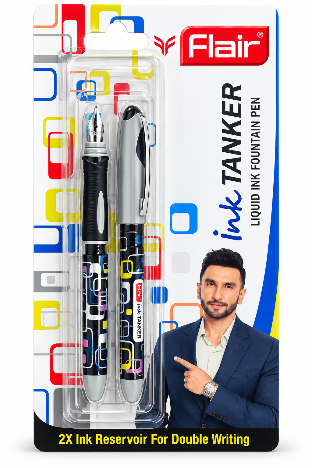 Flair Ink Tanker liquid fountain pen set in retail blister packaging, featuring two pens with a colorful geometric pattern and a black ink reservoir, alongside a printed model on the card.