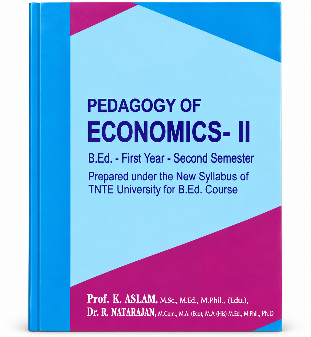 A hardcover book titled 'Pedagogy of Economics - II' with a blue and magenta geometric cover, photographed on a plain white background.