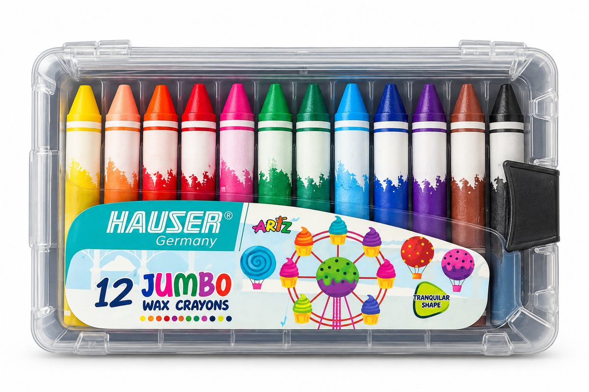 Hauser Germany 12-piece jumbo wax crayon set in a clear plastic case, featuring a variety of bright colors and a colorful label.