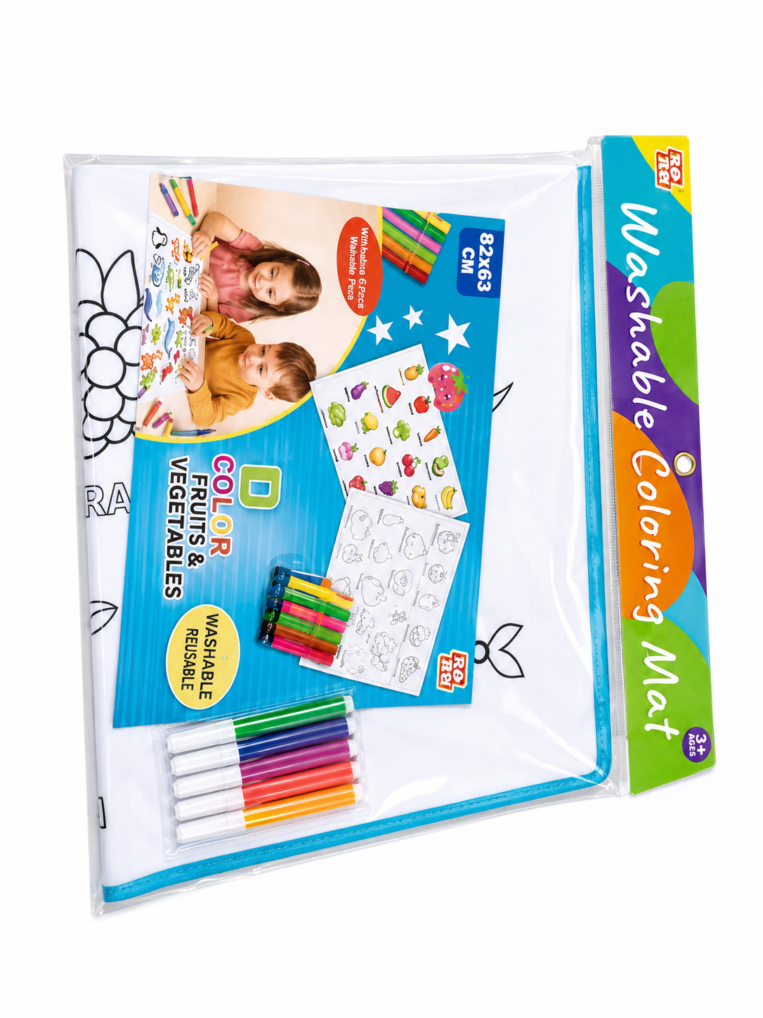 A children's washable coloring mat set in clear plastic packaging, featuring a white mat with blue border, a colorful side tab, printed activity sheets, and six colored markers on a white background.