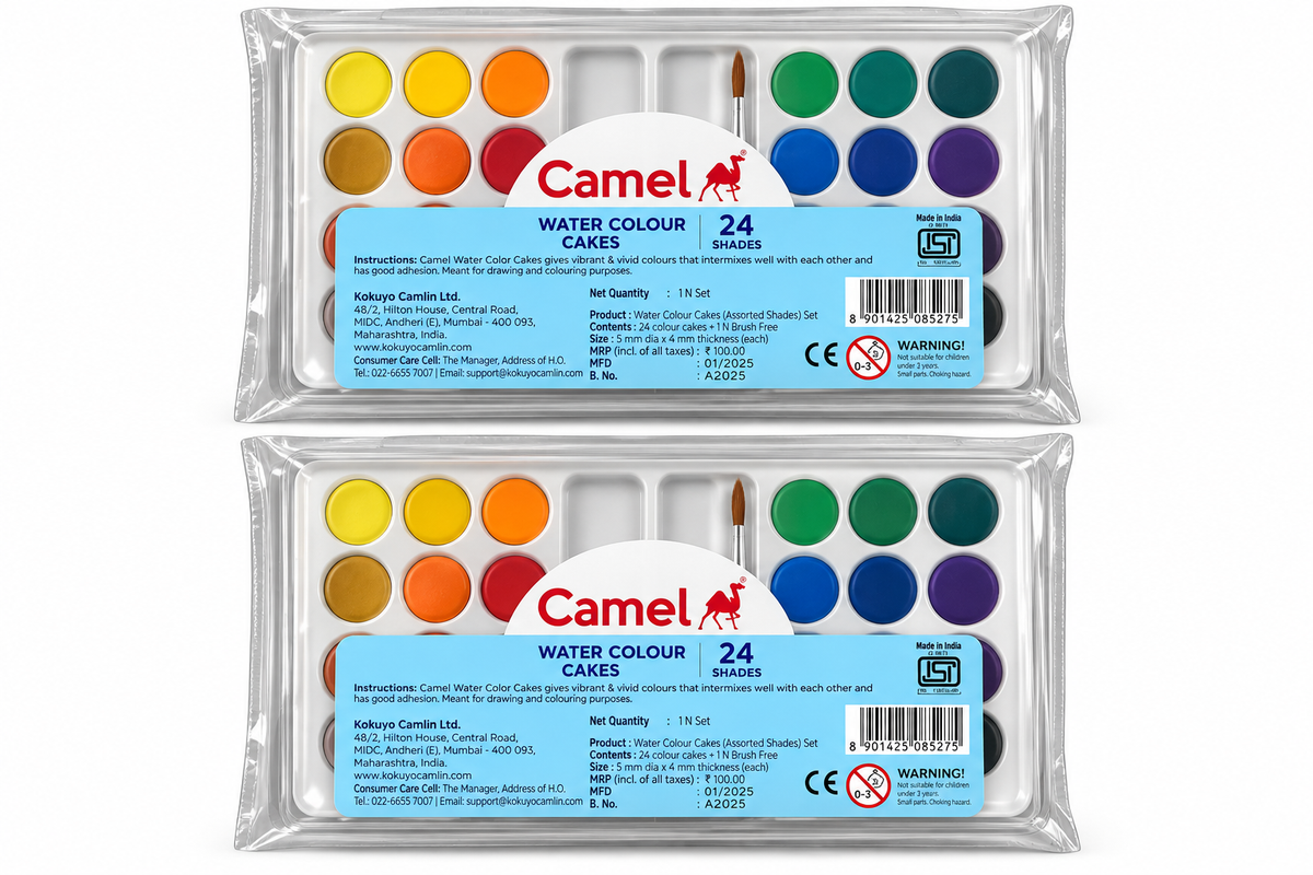 Two packs of Camel Water Colour Cakes 24-shade watercolor paint sets stacked vertically on a white background.