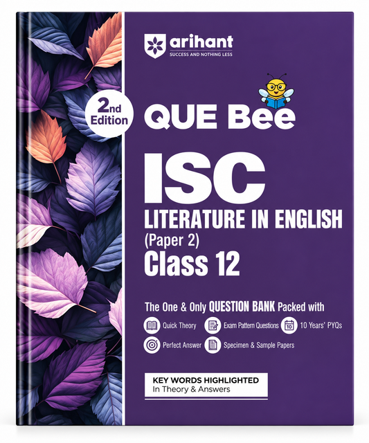 A hardcover book cover for Arihant Que Bee ISC Literature in English (Paper 2) Class 12, 2nd Edition. The cover is primarily purple with a decorative border of purple, pink, and orange leaves on the left side.