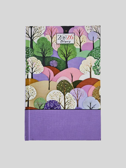 Diary with colorful tree design on a white background