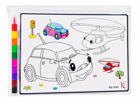 A children's magnetic drawing board set in a clear plastic sleeve, featuring a white board with black outlines of cartoon cars, a helicopter, and a traffic light, plus a colorful marker set on the left.