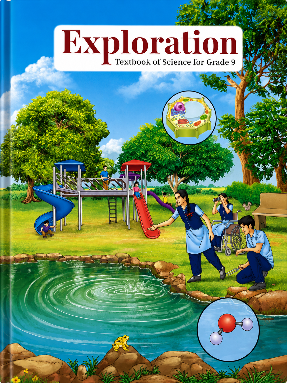 Textbook of Science for Grade 9 titled 'Exploration' with a colorful cover featuring children playing in a park.