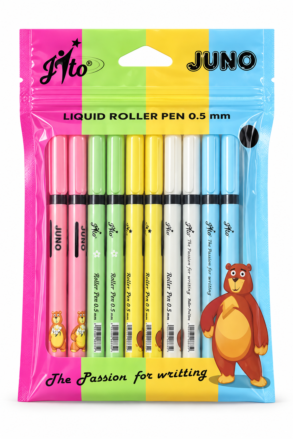 A 10-pack of JUNO brand liquid roller pens in assorted pastel colors, packaged in a colorful hanging blister bag with a cartoon bear illustration.
