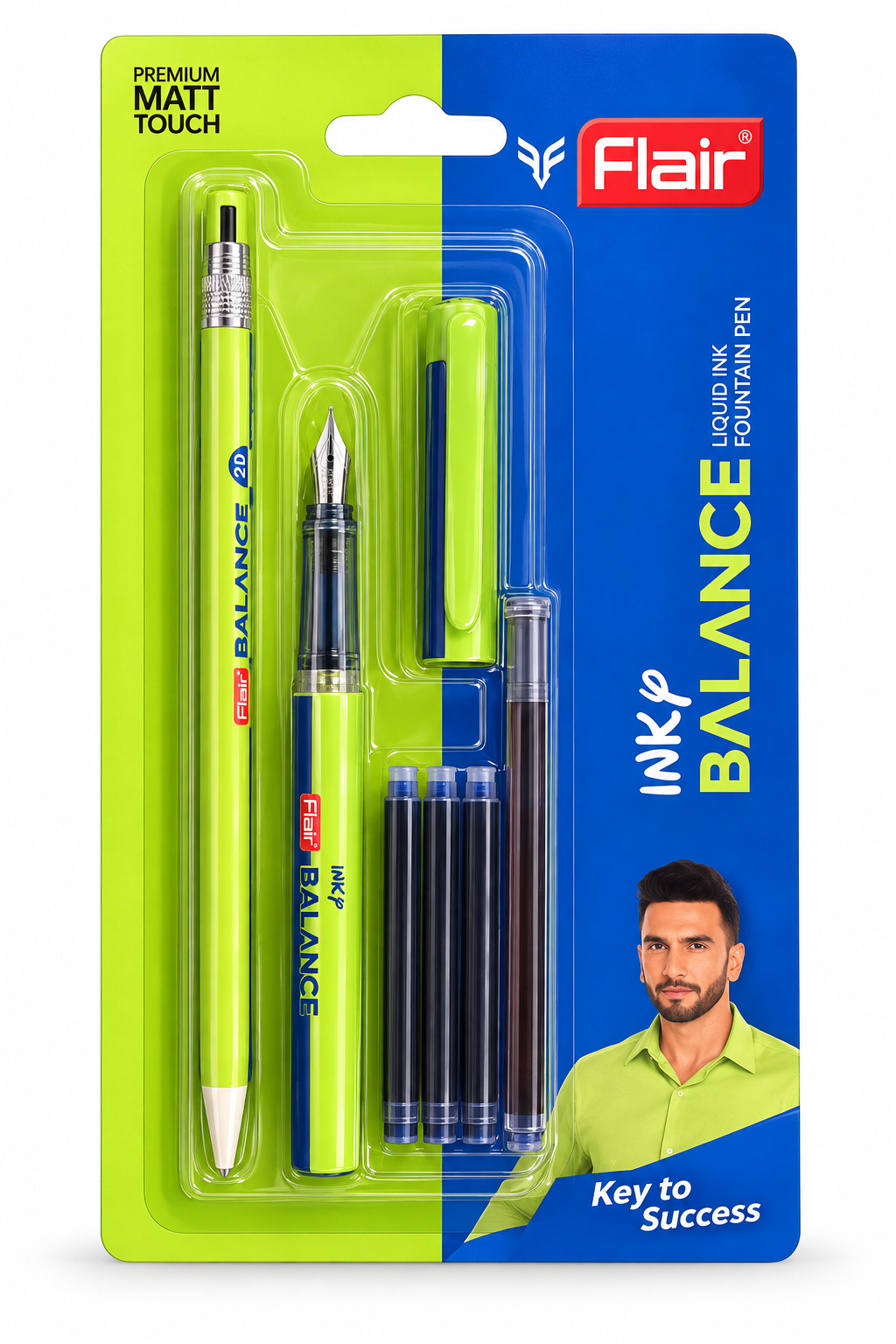 Flair Balance ink fountain pen set in its original blister packaging, featuring a green and black ballpoint pen, a fountain pen nib, two black ink cartridges, and a cap, on a bright green and blue card.