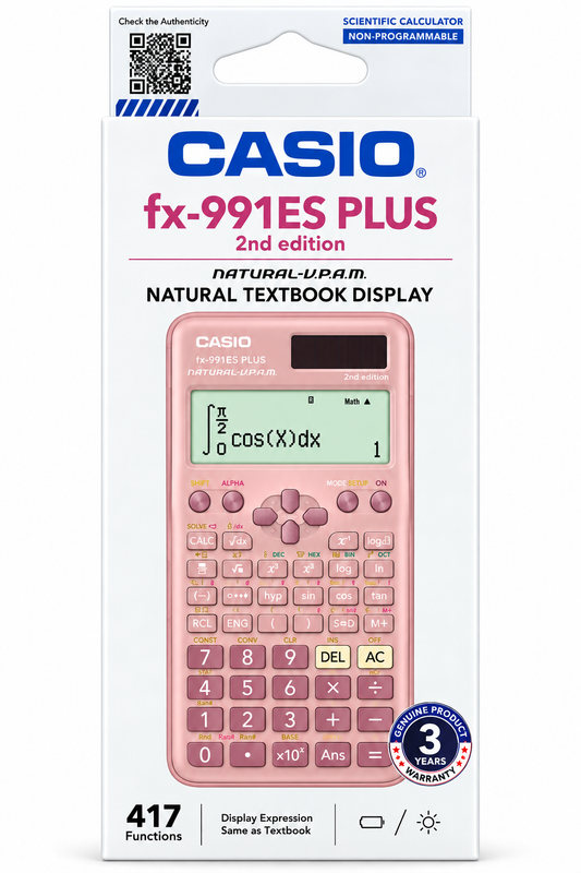 Casio fx-991ES Plus scientific calculator in pink, packaged in its original white retail box with blue and pink branding.