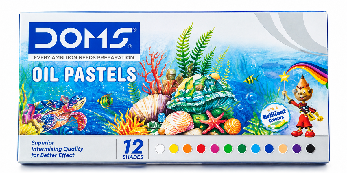 DOMS Oil Pastels 12-shade box featuring a colorful underwater coral reef illustration on the front, with a row of pastel color circles along the bottom and a cartoon character on the right.