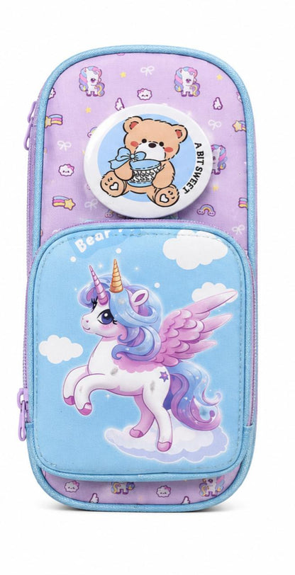 Cute unicorn pencil pouch with multiple zipper compartments for girls