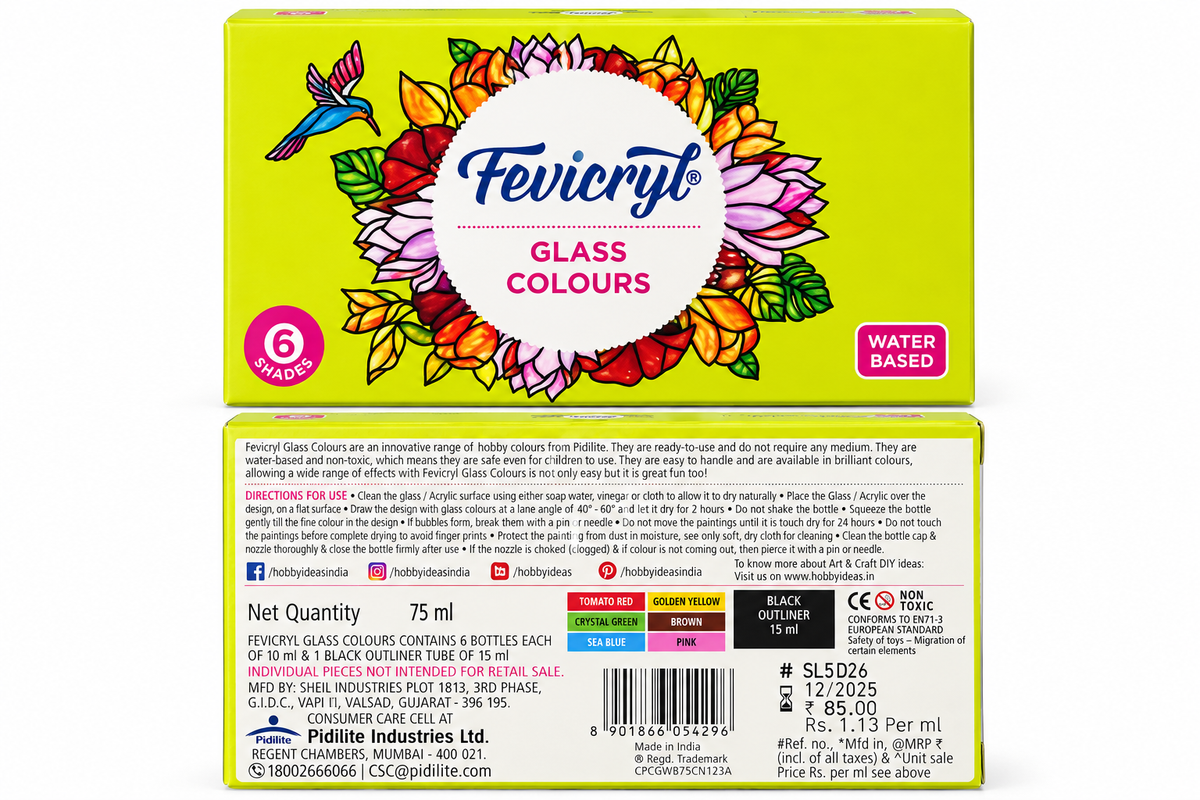The back of a Fevicolyl Glass Colours 75ml tube packaging, showing the colorful floral logo, product details, and barcode on a white background.