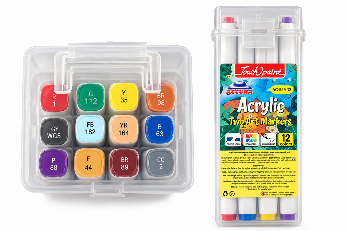 A set of 12 TouchPaint Acrylic Two Art Markers in a clear plastic case, shown next to its retail packaging box on a white background.