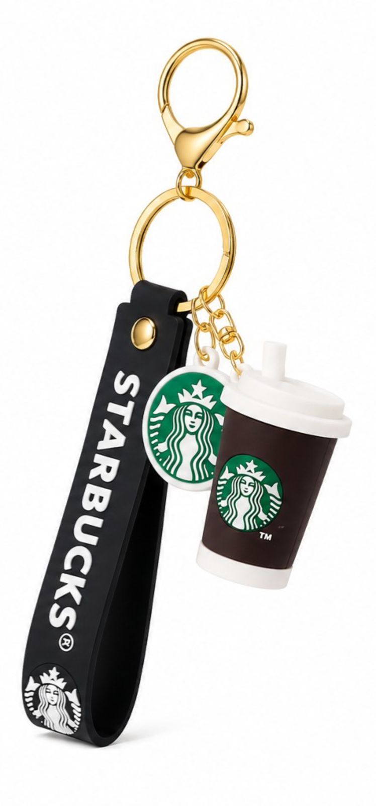 Starbucks keychain with a miniature coffee cup attached on a white background