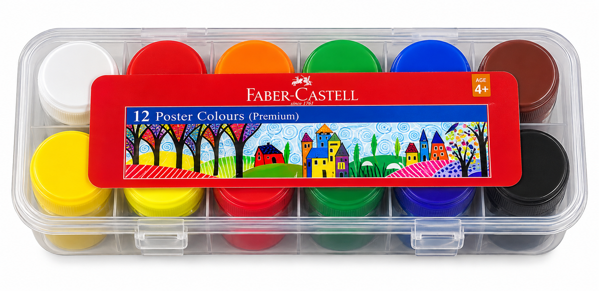 Faber-Castell 12 Poster Colours (Premium) set in a clear plastic case with a red label, showing 12 different paint pots in various colors on a white background.