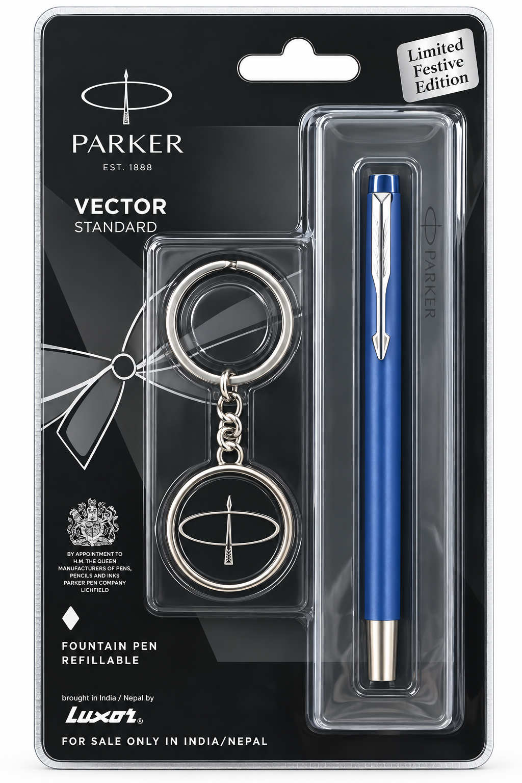 Parker Vector Standard fountain pen refillable pen and keychain gift set in its original blister packaging. The set includes a metallic silver keychain with a circular Parker logo and a blue fountain pen with silver accents, both inside a black and clear plastic package.