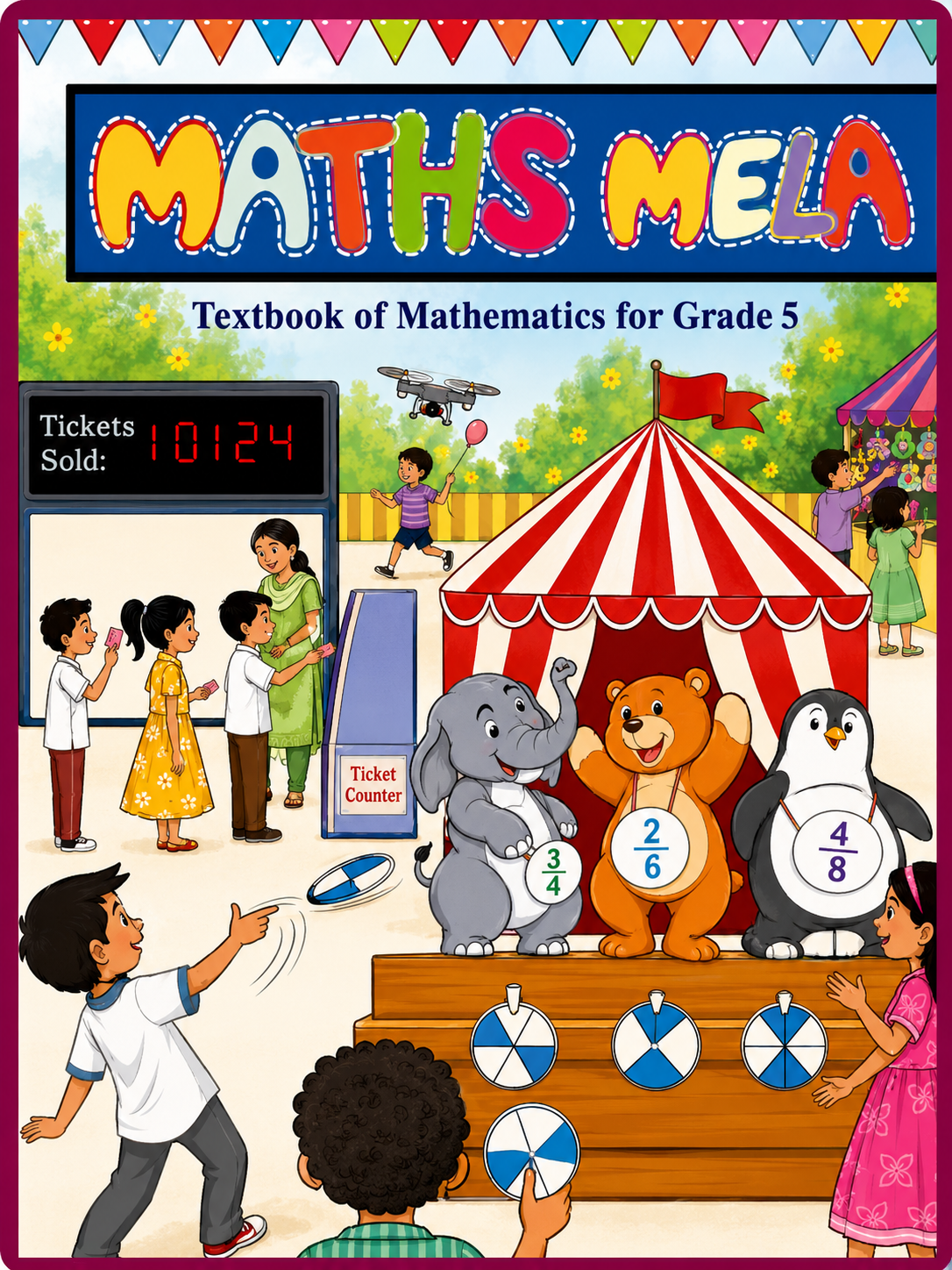 Textbook cover of 'Maths Mela' for Grade 5 with colorful design and cartoon characters.