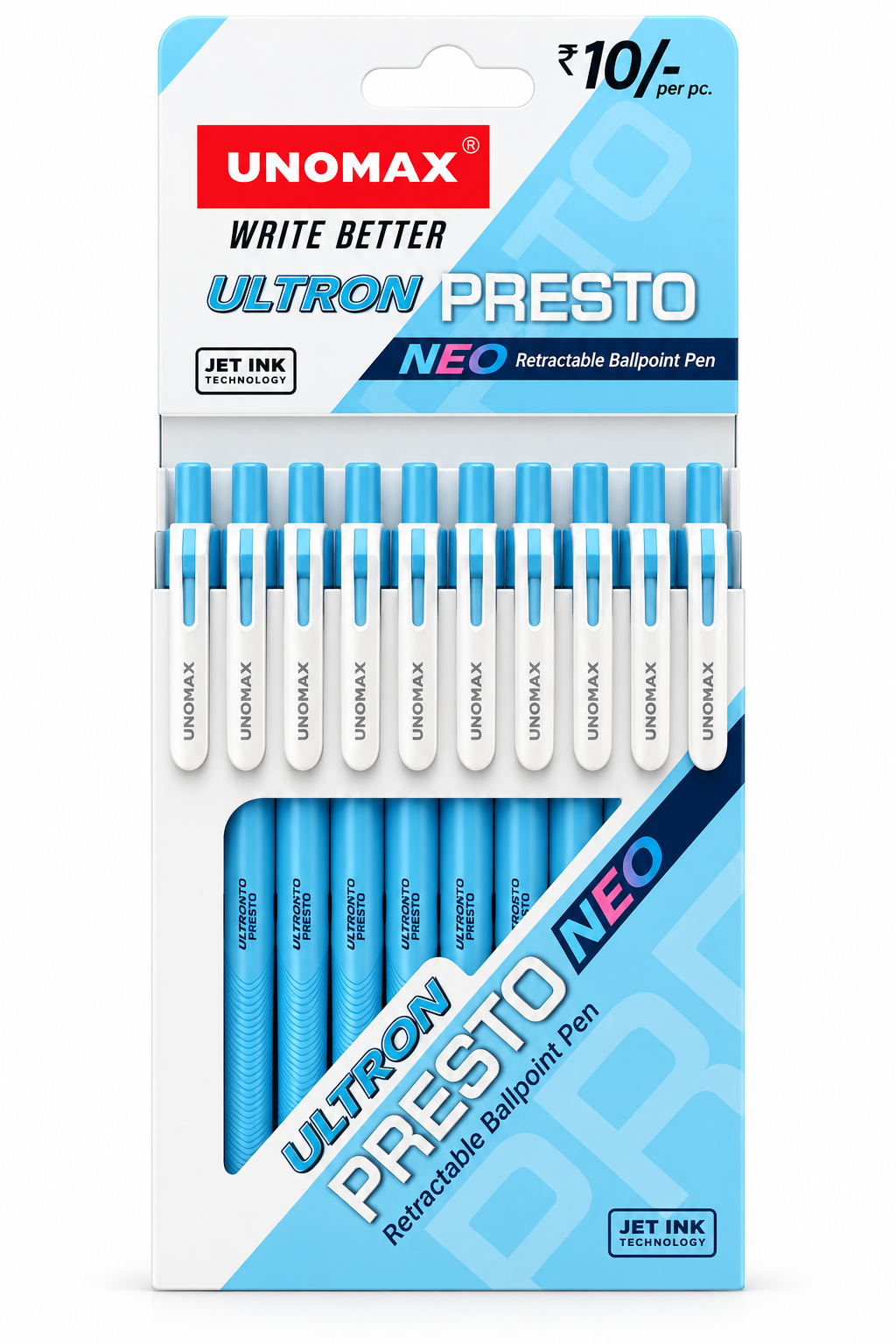 Unomax Ultron Presto Neo Retractable Ball Pen – Blue | Pack of 10