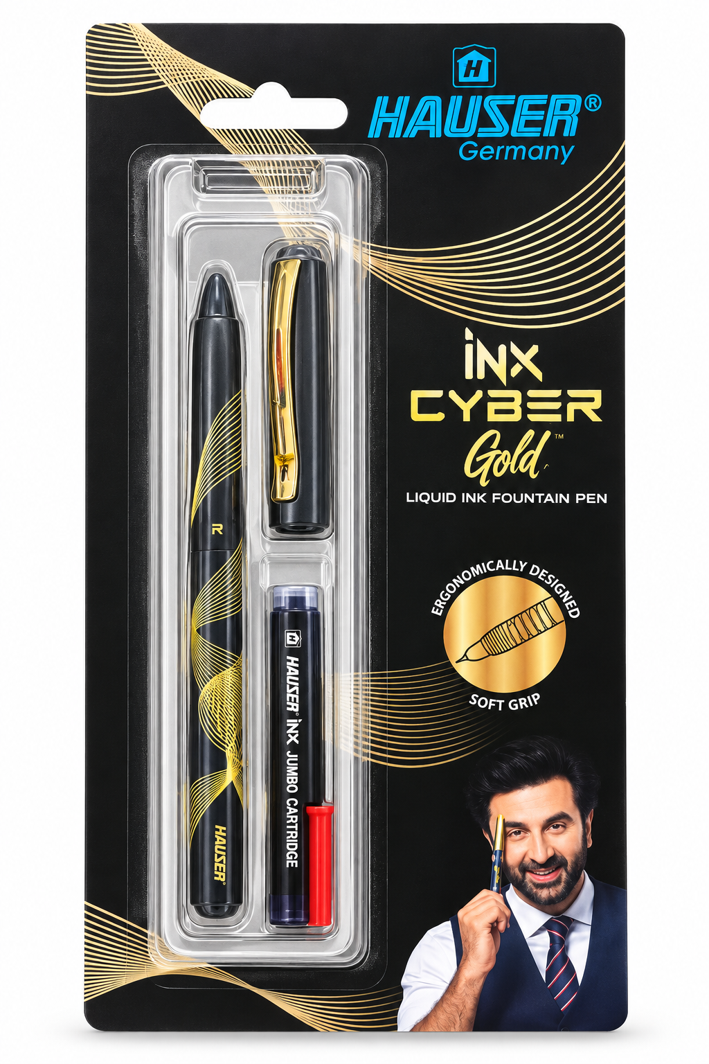 Hauser Germany INX Cyber Gold liquid ink fountain pen set in its original blister packaging, featuring a black and gold pen with a black ink cartridge.