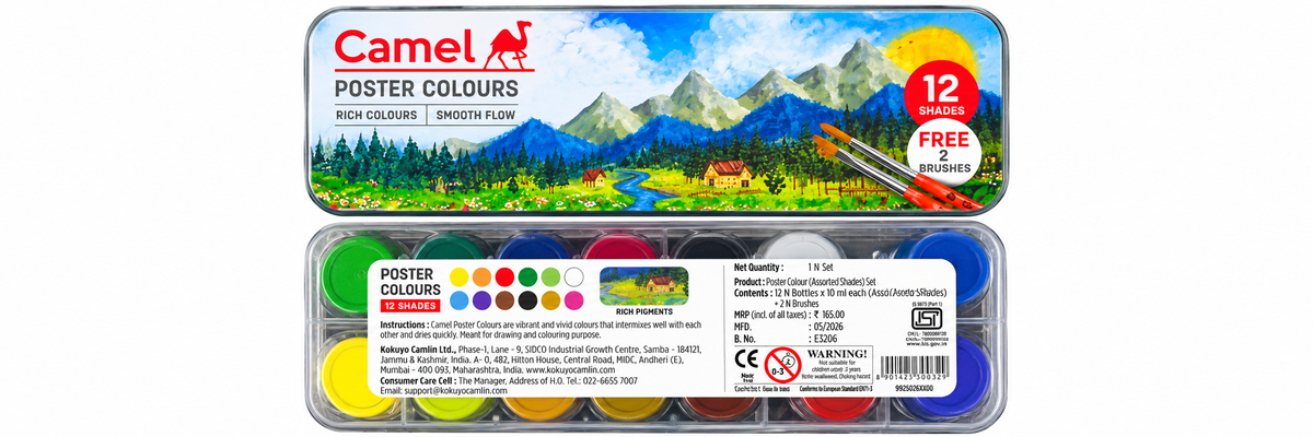 Camel Poster Colours 12-piece set in a metal tin, showing the illustrated cover with mountains and a lake, plus the bottom view of the open tin displaying multiple colored paint pans.
