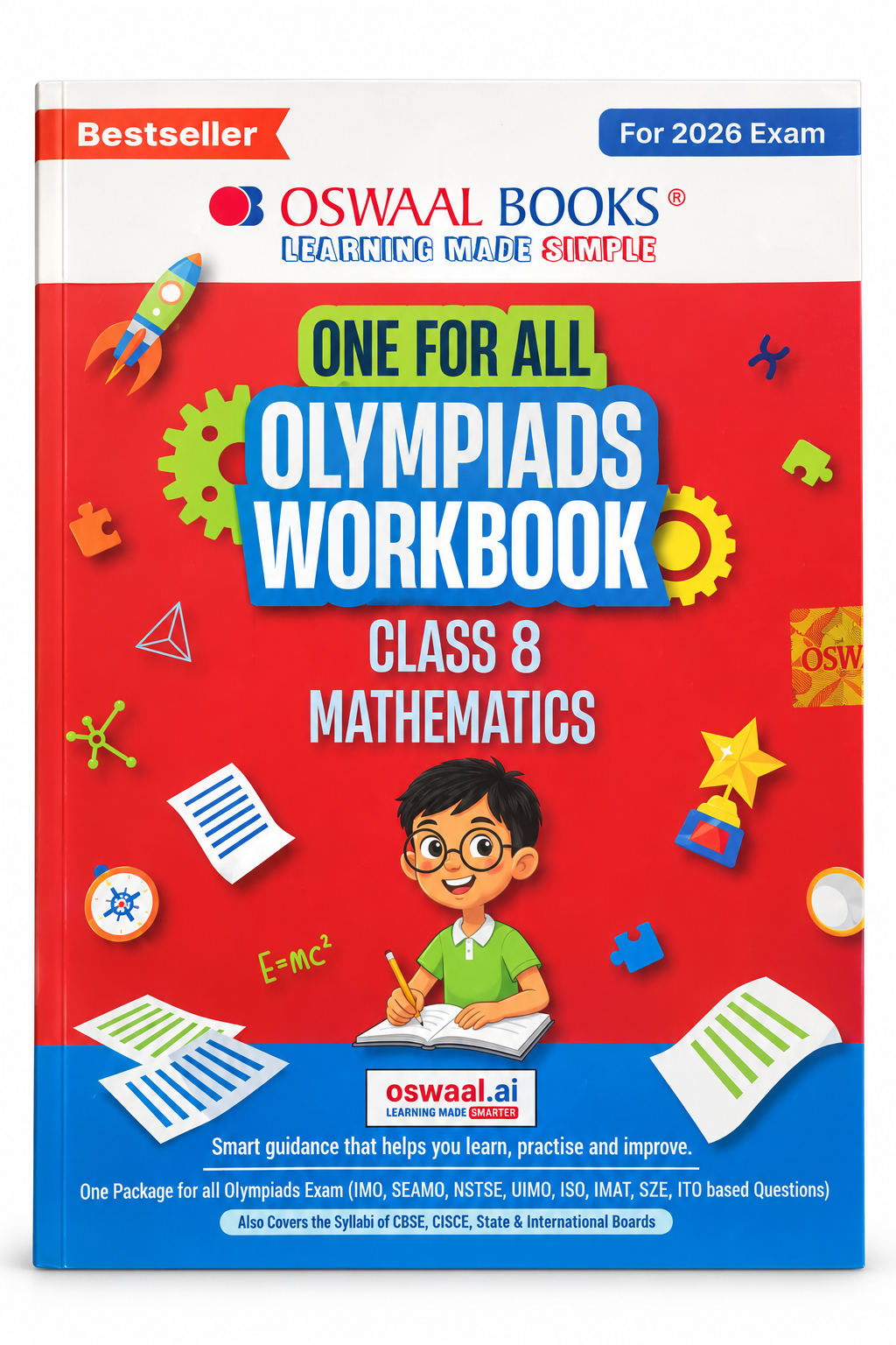 Oswaal Books 'One for All Olympiads Workbook Class 8 Mathematics' book cover, featuring a bright red background with colorful educational icons, a cartoon boy, and blue title blocks.