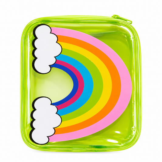 A translucent lime green zippered pouch with a colorful rainbow and white cloud graphic printed on the front, set against a plain white background.