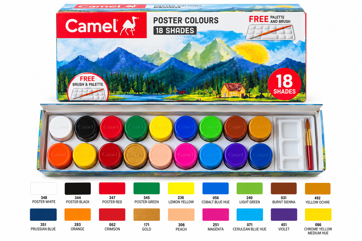Camel Poster Colours 18 Shades paint set shown open with 18 round paint pots, a white palette tray, and a paintbrush, alongside the illustrated red-and-blue Camel brand box. A row of color chips below the open box shows the included shades.