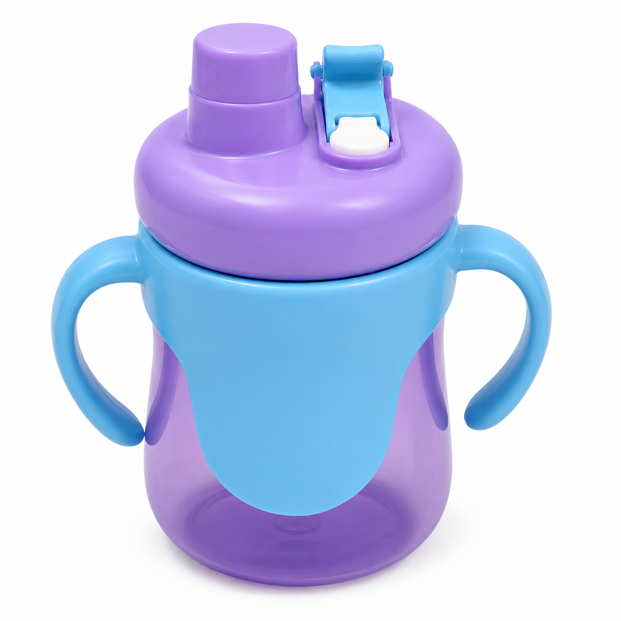 A children's sippy cup with a translucent purple body and lid, a light blue lower section and handles, and a blue flip-top spout, shown on a white background.