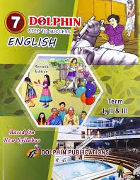 Textbook cover of Dolphin English教材 for Class 7 with colorful illustrations and text.