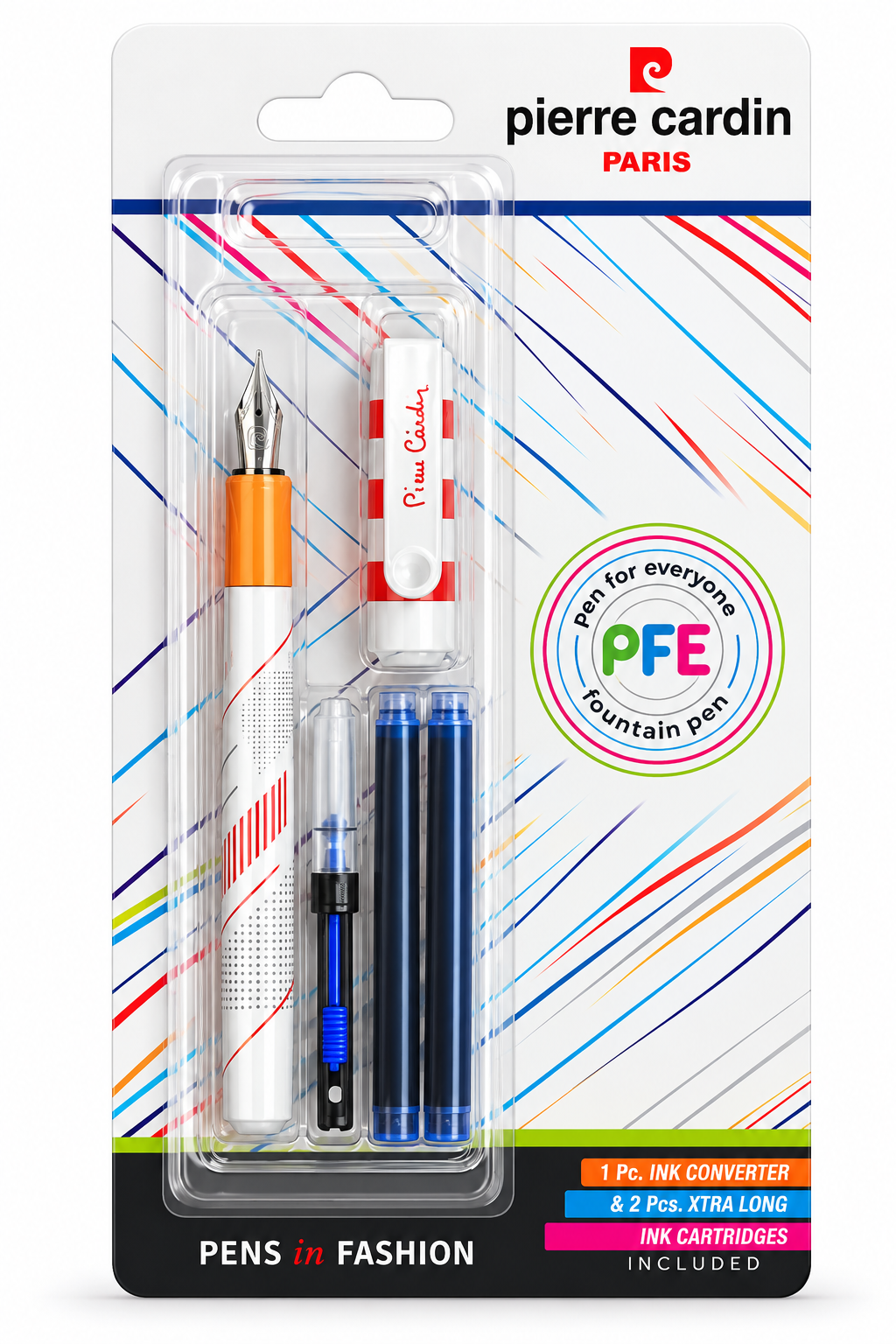 Pierre Cardin Paris fountain pen set in retail blister packaging, including a silver and orange fountain pen, a black and blue rollerball pen, a white ink converter, and blue ink cartridges on a white background with multicolored diagonal lines.