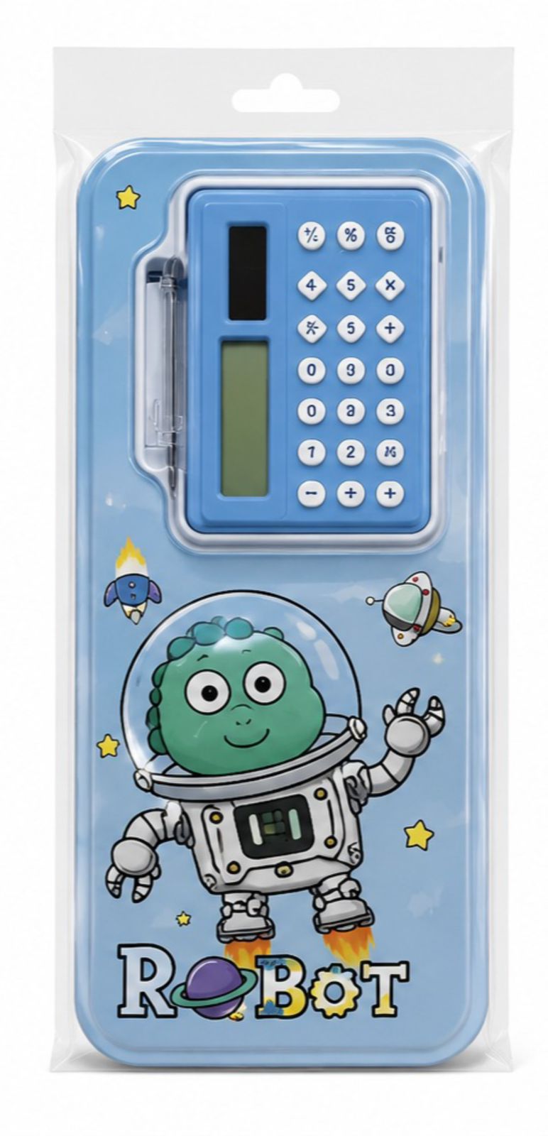 Blue robot themed calculator pencil box for kids with built in calculator