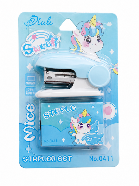 A light blue and white stapler set in its original retail blister packaging. The packaging features cartoon unicorn illustrations and text including 'Talk Sweet Mice' and 'STAPLER SET No.