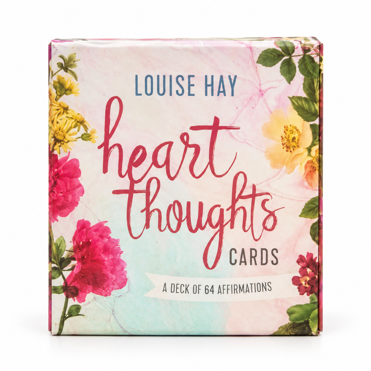 Heart Thoughts Cards 64 affirmation card deck by Louise Hay with floral packaging.