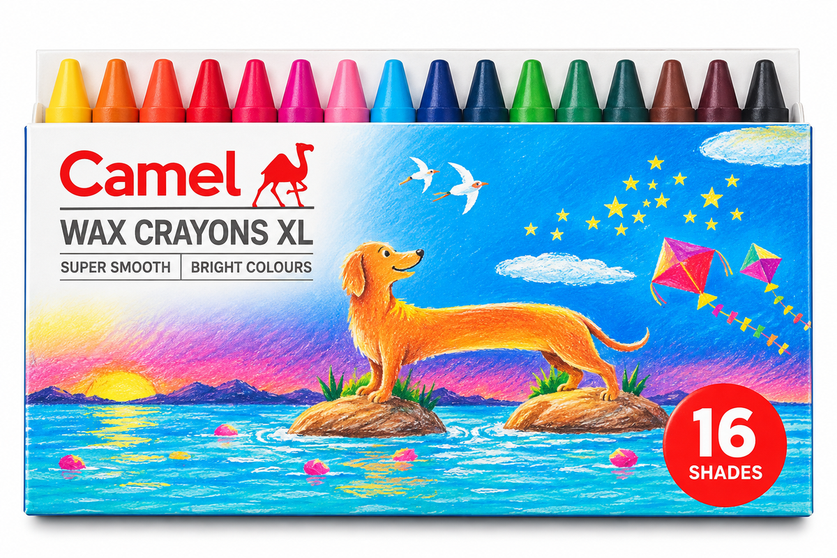 Camel Wax Crayons XL in a 16-shade box, featuring a colorful illustration of a dachshund on rocks by a sea with a sunset sky, stars, and kites. The crayons are visible along the top edge of the box.