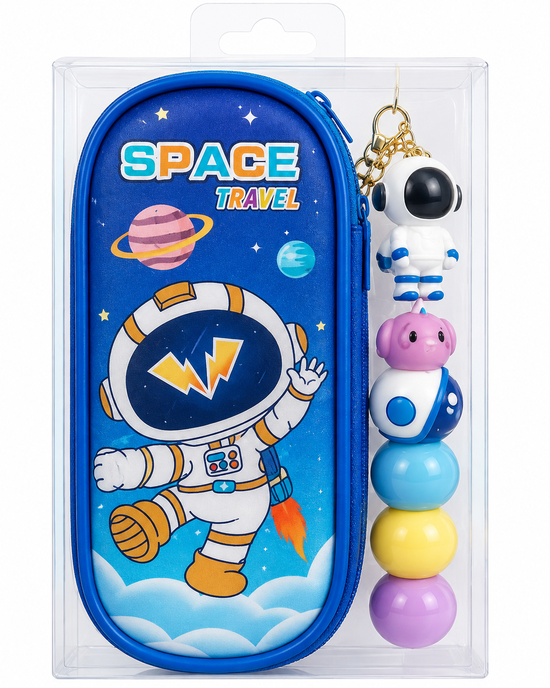 Space Travel Hard Shell Pencil Case with Pen & Astronaut Keychain | Kids Stationery Box (Blue)