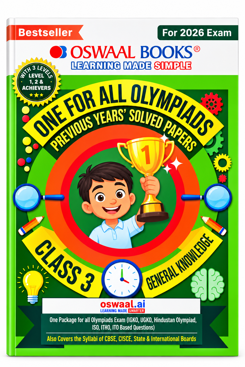 Front cover of the Oswaal Books 'One For All Olympiads Previous Years Solved Papers Class 3 General Knowledge' book for the 2026 exam, featuring a colorful cartoon illustration of a boy holding a trophy.