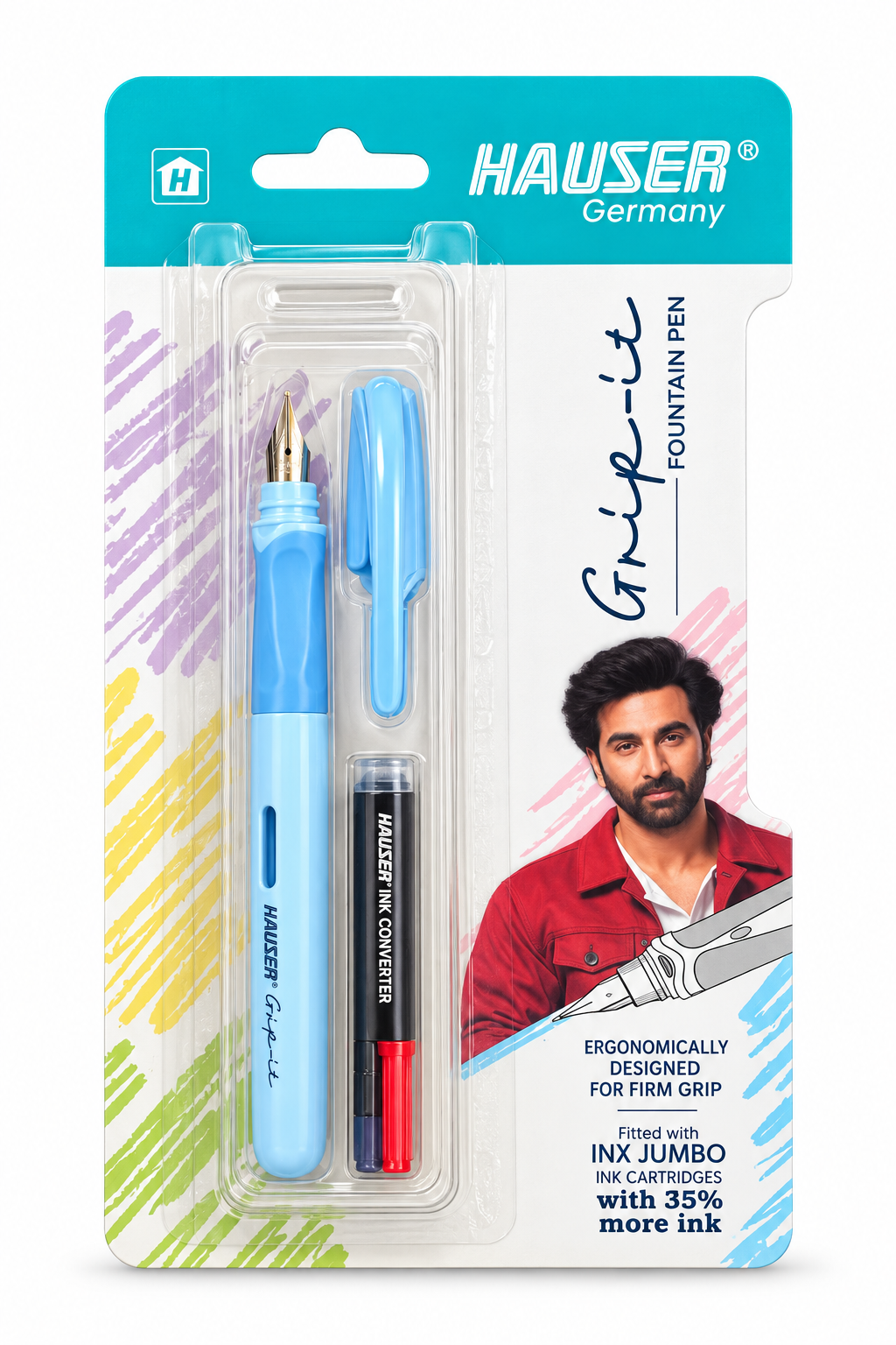 Hauser Grip-it Fountain Pen set in its original retail blister packaging, featuring a light blue pen, a blue clip, a black and red ink converter, and a branded backing card with a photo of actor Vikrant Massey.