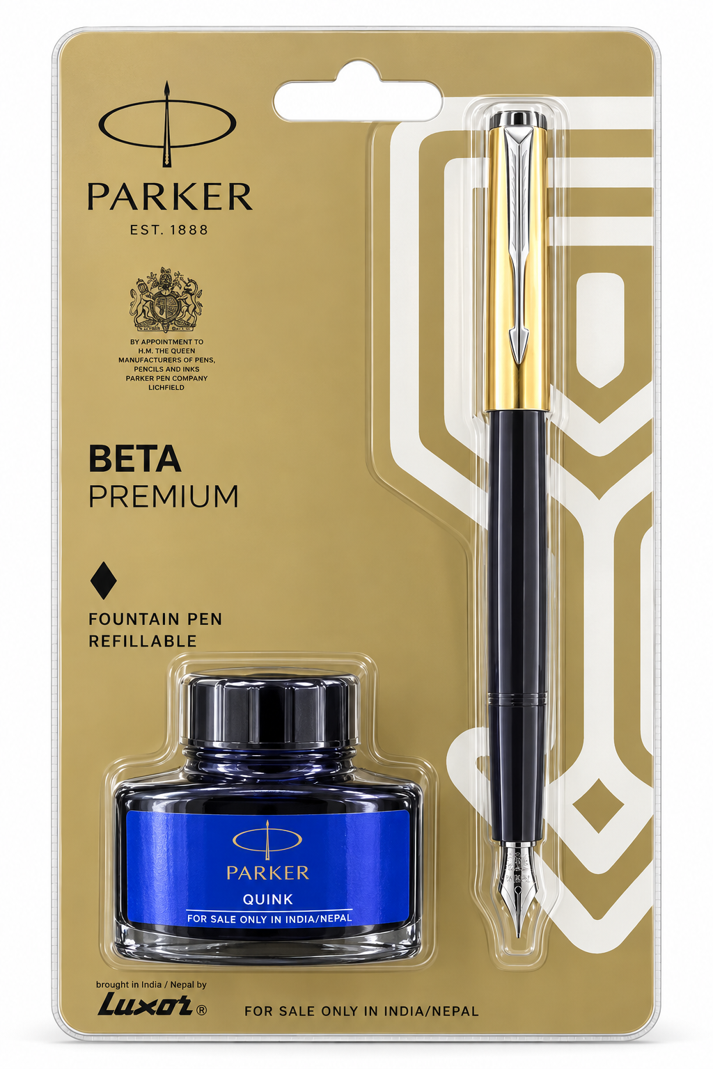 Parker Beta Premium fountain pen refillable set in its original retail blister packaging, featuring a black and gold pen and a blue ink bottle.