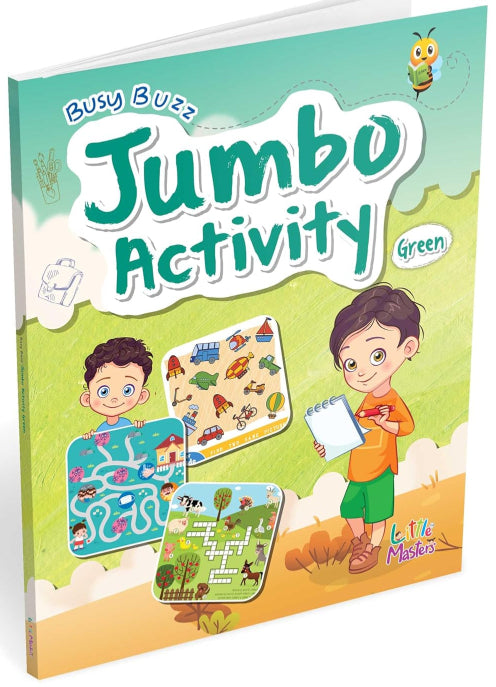 Children's activity book titled 'Jumbo Activity' with colorful illustrations on a green background.