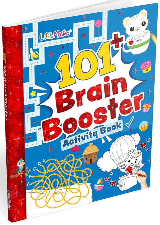 Children's activity book titled '101 Brain Booster Activity Book' with colorful design and illustrations.