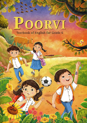 Book cover of 'Poorvi' English textbook for Grade 6 with children playing outdoors.