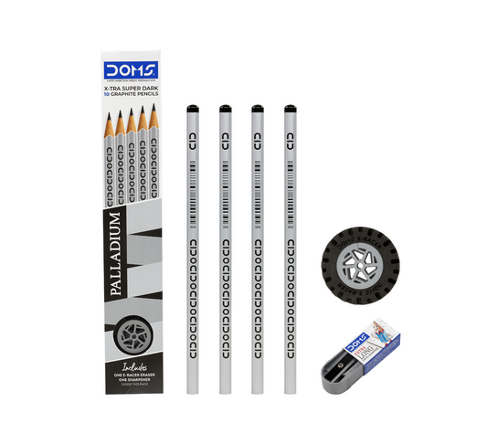 Set of DOMS graphite pencils with packaging and accessories on a white background