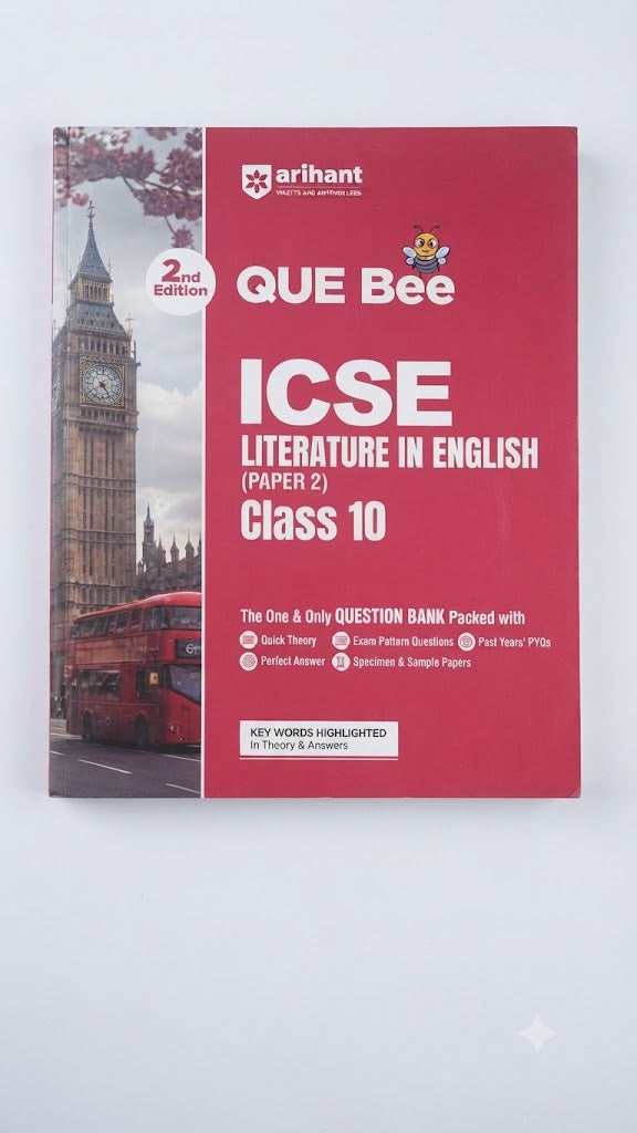 A red and white book cover for Arihant Que Bee ICSE Literature in English Class 10 question bank, featuring a photo of Big Ben and a red double-decker bus on the left side.