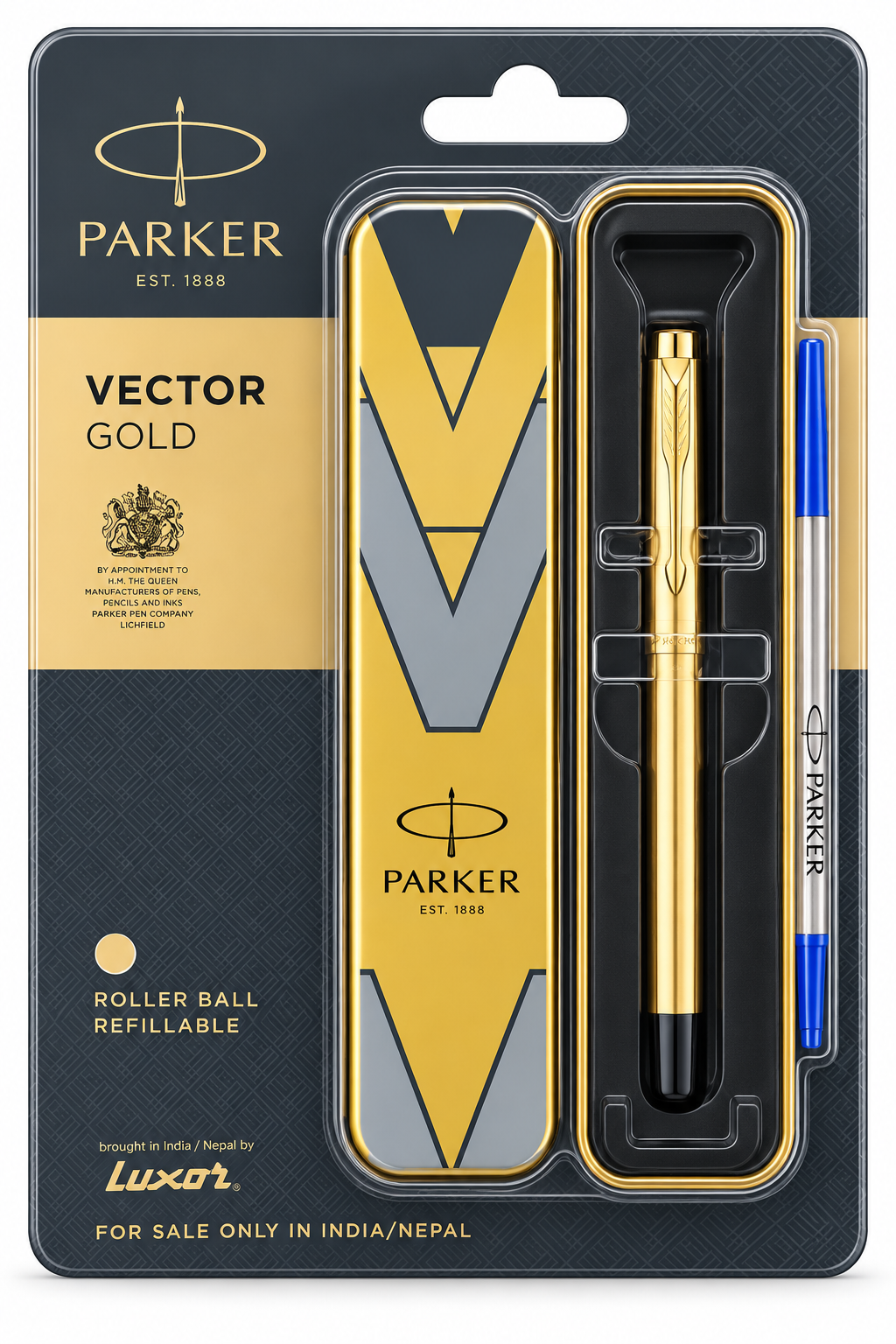 Parker Vector Gold roller ball refillable pen in its original retail blister packaging, featuring a gold and black pen, matching gold and black case, and a blue refill pen stick.