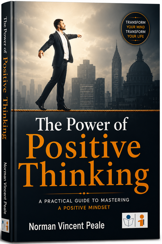 Book cover of 'The Power of Positive Thinking' by Norman Vincent Peale, featuring a man in a suit walking on a rope over a city skyline, with large orange and white title text on a dark background.