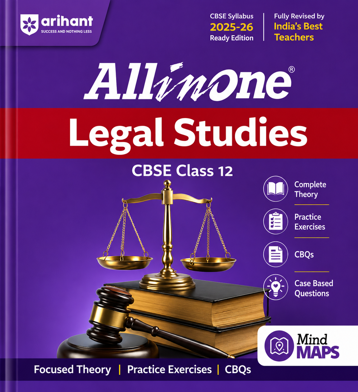Book titled 'All in One Legal Studies' for CBSE Class 12 on a purple background with gavel and book illustration.